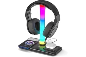 PADWA LIFESTYLE Stojak na Słuchawki 3 w 1 RGB - Bezprzewodowe Ładowanie, 7 Trybów Świietlnych, 1 Port USB, Akcesoria do Stołów do Gier
