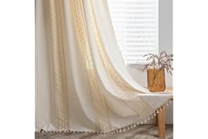 SAYT RLAE Vorhang Boho Blickdicht Vorhänge Beige Baumwolle Leinen Gardinen mit Quasten und Häkeln Stricken Vertikale Streifen Makramee für Wohnzimmer Landhaus Vintage Style, 1 Stück, B150xH240cm