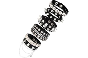 LOLIAS 3-5 Pezzi PU Catena Nera Bracciale in Pelle Punk Spike Borchie Punk Bangle Rock Bracciale Set per Uomo Donna Bracciale Appuntito Regolabile Regalo di Halloween