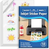 Euqvunn 18 Sheets A4 Printed Sticker Paper, Glossy White Waterproof Printable Vinyl, Full Page Adhesive for Inkjet Printers,