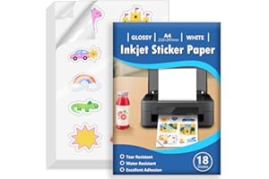 Euqvunn 18 Hojas Papel Pegatina para Imprimir A4, Vinilo Imprimible Adhesivo Blanco Lucido Impermeable, Adhesivo de Página Completa para Impresoras de Inyección de Tinta, Secado Rápido, 210x297mm