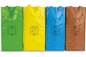 Robusta återvinningspåsar, lätt att rengöra, bundna med tejp, återvinningspaket för plast, organisk, glas, papper och kartong, hållbara, 23 L, med handtag. (4 påsar)