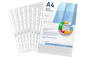 Agoer Punched Pockets A4 Heavy Duty, 120 Micron Clear A4 Plastic Punched with Page Markers, 80 PCS Sheet Protectors,11 Holes Top Opening Poly Plastic Folders for Ring Binder File Folders Sleeves