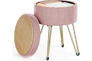 SONGMICS Sgabello Pouf Contenitore, Cassapanca Rotonda, Sgabello Toeletta in Velluto, 39 x 44,4 cm (Diam. x A), 4 Gambe in Metallo, Soggiorno Camera da Letto, Rosa Pastello LOM003R01