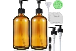 VEYIINA NERO Amber Glass Soap Dispenser 16 Oz - Empty Bottles Set with Black Pumps & Lids & Lables for Refillable Shampoo Conditioner Bathroom Shower Wash Hand Body Lotion Soap Dish Kitchen Container Brown