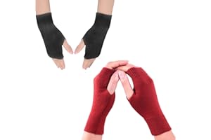 UOWAN 2 Pairs Cashmere Fingerless Gloves, Half Fingerless Gloves Unisex Thumb Hole Gloves Wrist Warmers Black and Red Fingerless Gloves Winter Warm Fingerless Mittens For Men Women Ladies Christmas Gifts