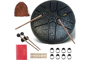 Taechalingo Tambour à langue de 7,6 cm - 6 tons - Petit tambour en acier - Avec tambour de langue - Livre de chansons, baguettes de batterie et sac en tissu - Méditation - Yoga - Guérison sonore