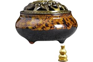 DUOHEMENG Incense Burner, Ceramic Incense Burner with Lid, Suitable for Incense Cones/Coils/Sticks, There Are Metal Incense Stick Holder + Fireproof Cotton Inside.