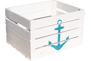 Kistenkolli Altes Land JOHANNA - Cassetta per frutta bianca con ancora turchese, 50 x 40 x 30 cm, look marittimo, per la vostra casa, in legno vintage