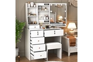 Ereousa Toeletta Trucco con Specchio e Sgabello, Postazione Make-up Robusta con Luci Dimmerabili e Guida Video, Scrivania Trucco con 6 Cassetti e 6 Ripiani, Bianco, 36×80×131 cm, H050512