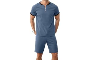 IWOLLENCE Piżama męska, krótka, letnia sukienka na wyjście, dwuczęściowy zestaw wypoczynkowy, piżama z zamkiem błyskawicznym, koszula z szortami