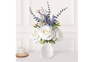 HOPEME Artificial Flowers in Vase, Silk White Rose Flower Arrangements, Rustic Farmhouse Faux Flowers for Coffee Table Décor, Floral Centerpieces for Dining Table Centerpiece Décor