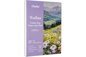 Ohuhu 100 % bomullstopp akvarell pappersdyna A4 kallpresspapper 20 ark | 300 GSM tungvikts vitt papper – professionell konstnärsmålning vattenfärg papper för akvarell