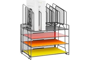 Marbrasse Desk Organiser Tray,4-Tier Paper Letter Tray Organiser,5 Vertical File Holders,Mesh Desktop Organizer Storage for Home Office Supplies(Black without Drawer)