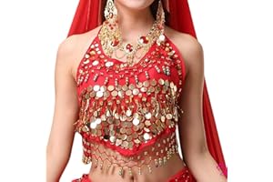 SamHeng Damen Neckholder-BH für Bauchtanz, rückenfrei, gepolstertes BH-Oberteil, Camisole, Neckholder, Bandage-Tanktop, Pailletten, Bauchtanz-Crop-Top für Festival, Party, Clubwear