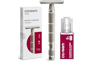 CAVEEM Rasoio di sicurezza a doppio taglio, rasoi a lama singola con 5 lame di rasoio di sicurezza in acciaio inossidabile per uomini e donne, rasoio in metallo riutilizzabile - Argento opaco
