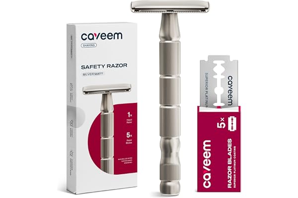 CAVEEM Rasoir de Sécurité à Double Tranchant, Rasoirs à Lame Unique avec 5 Lames de Rasoir de Sécurité en Acier Inoxydable pour Hommes et Femmes,Rasoir en Métal Réutilisable – Argent Mat