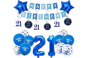 Pargleev 21st Birthday Party Decorations for Boys Girls Men in Blue Comprise Balloons with Swirl Decorations, A Happy Birthday Banner, A Set of 16-Inch "21" Numbers and Star Foil Balloons in Blue.
