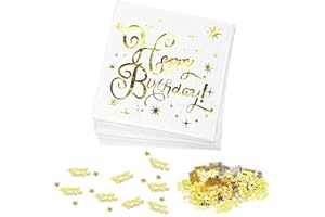 QTKSCEADLNCE 40 PCS Servietten Happy Birthday, Weiß Gold Happy Birthday Papierservietten Geburtstag Party Servietten Premium Stoffähnlich Tischdeko mit Happy Birthday-Konfetti für Geburtstagsfeier (Gold)