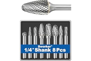 SWORKER Carbide Burr Set 1/4" Shank 8PCS w/Wood Base Die Grinder Bits Rotary Rasp File Kits Accessories Attachments for Metal Welds Concrete Stone Wood Steel Plastic Carve Deburr Grind Engrave Polish