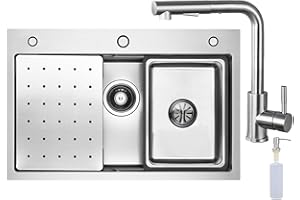 CECIPA X203S Évier de cuisine, 70 x 45 cm, avec robinet extensible, en acier inoxydable, avec distributeur de savon et siphon, avec évier intérieur de rechange et planche à découper