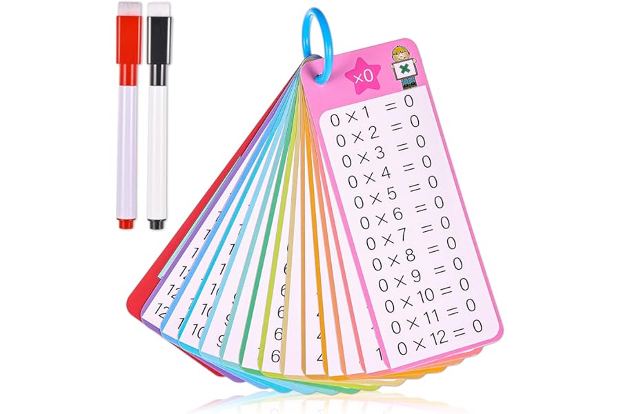 Times Table Flash Cards 0-12 Multiplication Chart with 2 Dry Erase Markers for 1st to 3rd Grade Math Game