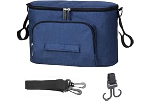 Bizcasa Sac de Rangement pour Poussette, Sac Universel pour Poussette, Sac Multifonctions pour Bébé avec poche Zippée, Porte-Gobelet et Bandoulière, Poche Grande Capacité (Bleu)