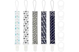 FenFang Baby Dummy Clips with Adapters, 5 Pcs Pacifier Soother Chain Holder Straps with 5 Pcs Silicone Button Rings, Teething Clips for Boys and Girls Unisex, Baby Dummy String Soother Clips (Grey)