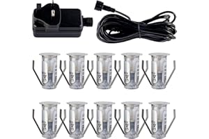 firstchoicelighting Set of 10-15mm LED Decking Plinth Ground Light Kit, Stainless Steel, Cool White 6500K, IP67 Waterproof Recessed Outdoor Garden Bathroom Kitchen