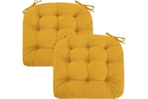 PRIMEPATIO Seat Pad for Dining Chair Set of 2, 7cm Thick Kitchen Garden Chair Cushions Turfted Chair Pads with Ties, Comfortable Soft Indoor Outdoor Seat Cushion, Reversible, 50x50cm, Yellow