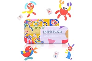 HellDoler Tangram Puzzle Bambini,36 Pezzi Tangram Legno Puzzle in Legno Tangram Montessori Giocattoli con 50 Carte di Design
