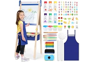 KIDINIX Art Easel for Kids, Double-Sided Children's Painting Easel Set with Storage Bag, Height Adjustable Chalkboard Whiteboard, Kids Standing Easel with Painting Set, Gift for Kids, Blue