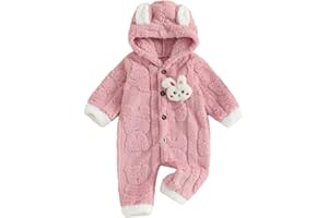 JCOPLY Newborn Baby Girl Romper Long Sleeve Button or Zipper Hooded Jumpsuit Cute Cartoon Bunny Snowsuit Fluffy Flannel Overalls Girls Winter Clothes