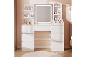 Airfish Dressing Table with LED Mirror,3 Color Adjustable Brightness,Vanity Desk with Light,Makeup Table with Open Shelves and 7 Large Drawers for Modern Bedroom (White)