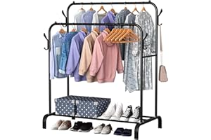 WODENY The Shopfitting Shop Portant à vêtements autonome en métal à double rail avec 4 crochets latéraux, 1 étagère de rangement inférieure pour boîtes à chaussures 1,5 m