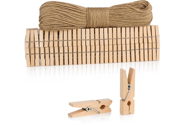 COM-FOUR® 120x mini klädnypor och 50 m jute rep, små träpinnar