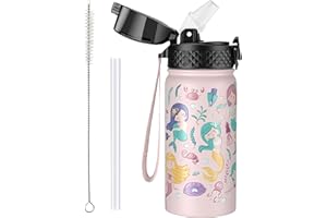 OLDLEY 420ml/14oz Kids Stainless Steel Insulated Water Bottle with Straw for School Reusable Metal Vacuum Small Flask Leakproof Keep Drinks Hot Cold for Boys Girls Toddlers Children (Mermaid, 420ml)
