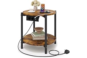 ‎IRONCK IRONCK Beistelltisch rund, Couchtisch mit Steckdose, Kleiner Tisch Holz, Wohnzimmertisch 2 Ablagen,Sofatisch,USB & Type-C-Anschluss, Metallrahmen, Nachttisch für Schlafzimmer (Vintagebraun, 1 Stück)