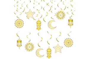 XULIN 12Pcs Eid Decorations, Eid Mubarak Banner, Swirl Star Moon Castle Crescent Streamer - Ceiling Decorations for Islam Muslim Holiday
