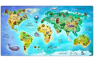 COVERYOURDESK WWW.COVER-YOUR-DESK.DE Sous-main effaçable pour enfants - Carte du monde avec animaux en bleu sur français - 74 x 40 cm - En vinyle de qualité supérieure