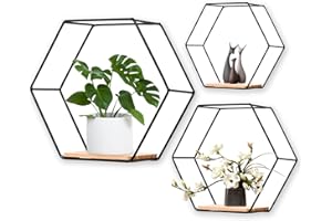panthem Hexagon Wandregal Schwarz Metall 3er Set, Regal Wand Deko Hängeregal Loft Wandregale, Regal Schwarz für Wanddeko in Wohnzimmer, Schlafzimmer, Bad, Café und Hotel