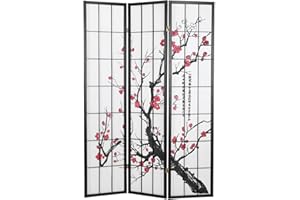 ‎HOMESTYLE4U Homestyle4u Paravent Raumteiler 3 teilig Holz Schwarz Shoji Reispapier Weiß Kirschblüte Trennwand Sichtschutz | Artikel 63