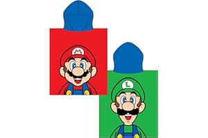 CHARACTER WORLD Asciugamano poncho ufficiale Nintendo Super Mario con cappuccio, super morbido, doppio design con Luigi, accappatoio perfetto per casa, bagno e spiaggia, 57,5 x 50 cm