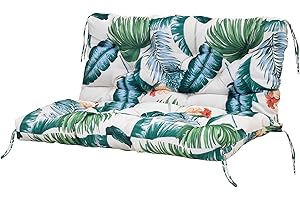 Warmiehomy 2/3 Seater Patio Swing Cushion with Backrest, Waterproof Garden Bench Cushion with Back, 150x100x8cm Comfortable Outdoor Bench Seat Cushion with Ties for Canopy Furniture, Leafage