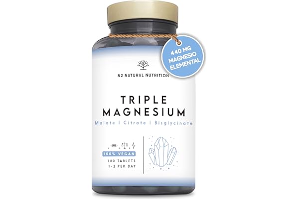 Citrato de Magnesio 1440mg + Magnesio Bisglicinato 600mg + Malato 600mg. 440mg de Elemental de Alta Biodisponibilidad. Reduce Cansancio, Alivia Dolor Articulaciones y Músculos. 3 meses. N2