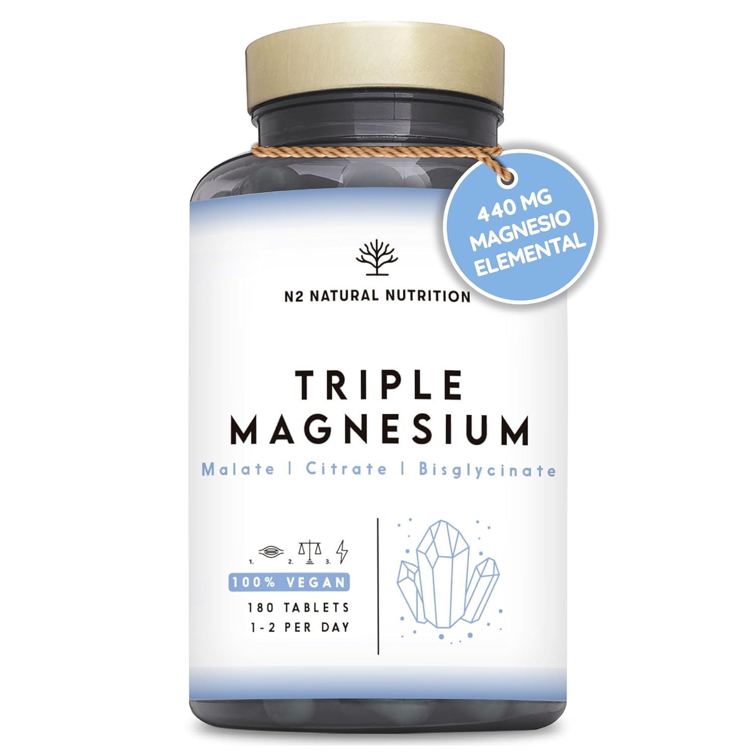 Triple Magnesio Complex 2640mg. 450mg Magnesio Elemental, 180 Comprimidos. | 3 Meses de Suministro. con Citrato de Magnesio, Magnesio Bisglicinato y Malato. Comprimidos divisibles, N2 Natural Nutrition