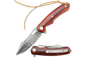 Omesio Damas couteau de poche pliant Damas, Damas couteau de poche japonais Damas manche en bois