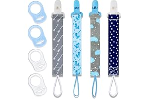 YESIMOLA 4 Pezzi Catenella Portaciuccio, Tessuto Catenella Ciuccio, Catenelle per Ciuccio, Porta Ciuccio Femmina Maschio, Cordino Ciuccio con 4 Pezzi Ciuccio Clip Adattatore per Neonato Doccia (Blu)