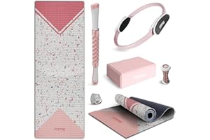 Fitfiu Fitness KITWELL-601 - Kit 6 Accessori Yoga e Pilates Colore Rosa Che Include Tappetino, Cerchio, Blocco, massaggiatore per Piedi, Barra massaggiante e Cinghia per Yoga, Design Geometrico Unico