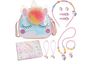 CHEVVY Einhorn Handtasche 10 Stk. Kinderschmuck Set Einhorn Halskette Haarspange Armband Ring Ohrring Schmuck Sets Einhorn Geschenke für Mädchen Party Dress Up Geschenk